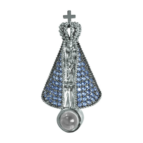 Pingente de Prata Neo Crystal NSra Aparecida com Zircônias Azuis e Ródio negro  Oração Santo Anjo