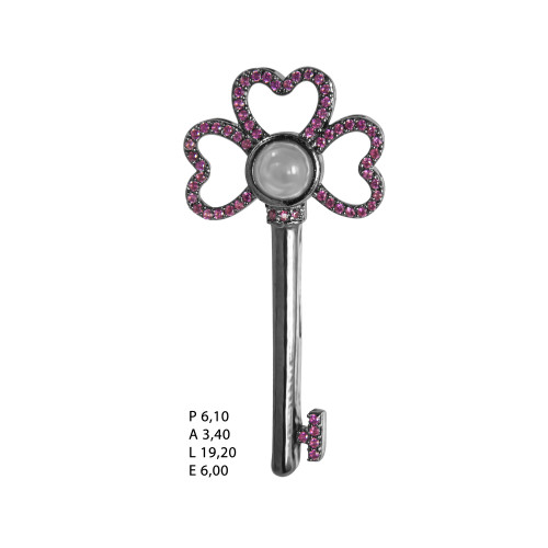 Pingente Prata Neo Crystal Chave com Zircônias Pink e Ródio Negro Lente Declaração de Amor.