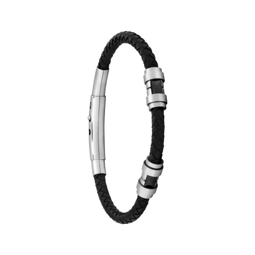 Pulseira de Aço Clean Style com Corino e cerâmica negra 21cm