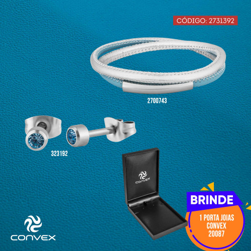 Combo Aço Pulseira Couro Duo Light Blue e Silver 5mm + Brinco Ponto de Luz Zircônia Azul Clara 4mm.Ganhe exclusivo porta-joias Convex.