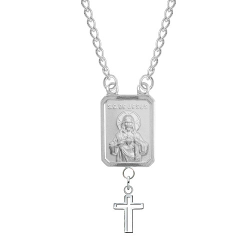 Escapulário de Aço com Cruz 2 Medalhas na Frente NSra do Carmo e Sagrado Coração de Jesus Aço 45cm