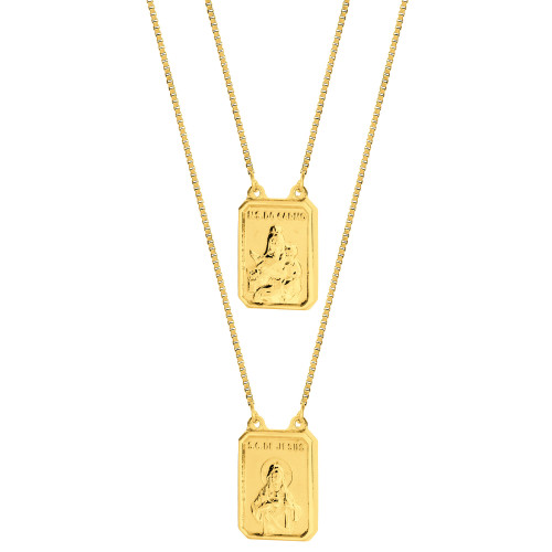 Escapulário de Aço Gold IPG NSra do Carmo e Sagrado Coração de Jesus Corrente Veneziana 65cm