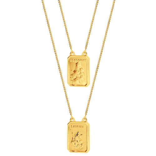 Escapulário de Aço Gold IPG Nossa Sra do Carmo e São Miguel 14x11 Corrente Veneziana 65cm