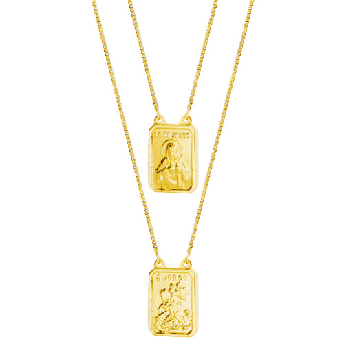 Escapulário de Aço Gold IPG Sagrado Coração de Jesus e São Jorge Corrente Veneziana 65cm