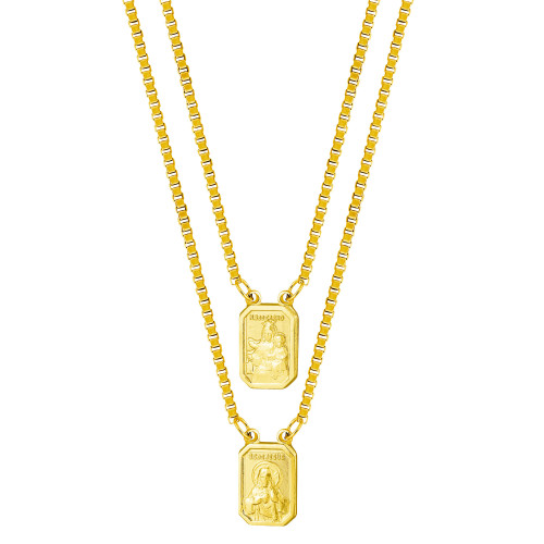 Escapulário de Aço Gold IPG Mini Nsra do Carmo e Sagrado Coração de Jesus 9x7mm 65cm Corrente Veneziana