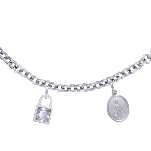 Pulseira de Aço Consagração Nossa Senhora Aparecida Cadeado de Zircônia 17cm