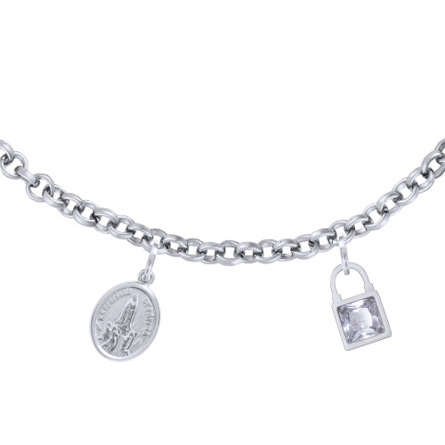 Pulseira de Aço Consagração Rosário de Fátima cadeado de Zircônia 17cm
