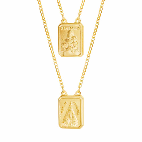 Escapulário de Aço Nossa Sra do Carmo e Nossa Sra Aparecida 60cm 14x11mm Gold IPG