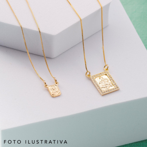 Escapulário de Prata NSra do Carmo e Sagrado Coração de Jesus Revestida com Ouro 18k e Zircônia 45cm