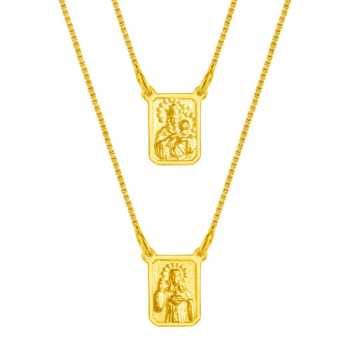 Escapulário de Prata Mini Nsa Sra do Carmo e Sagrado Coração de Jesus 60cm Revestido com Ouro 18k