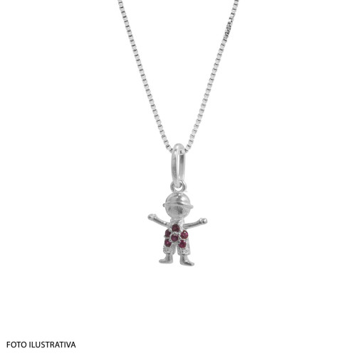 Pingente Prata Menino com Zircônia Vermelha 14x10mm