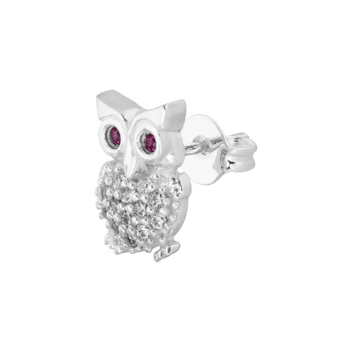 Brinco Prata Coruja com Zircônia Branca e Vermelha 11x8mm