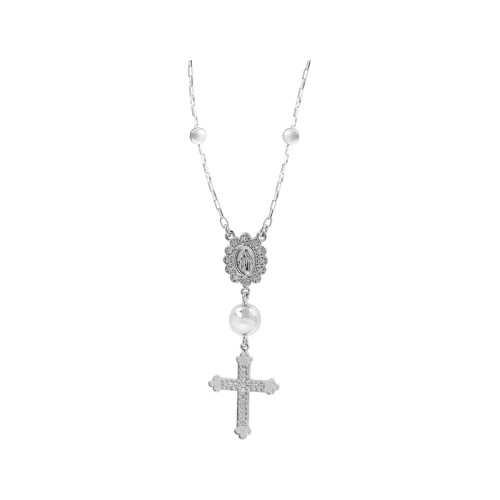 Colar de Prata Terço Nsra Milagrosa e Cruz Cravejada 60cm