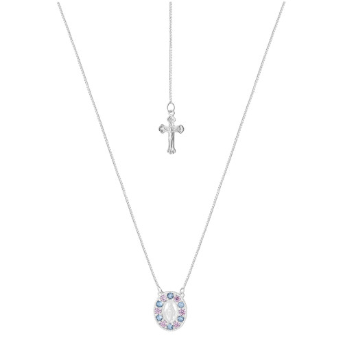 Colar de Prata Nsra das Graças com Zircônias Azuis e Lilás 15x12mm