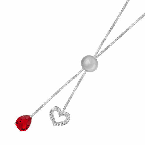 Colar de Prata Gravatinha Italiana Gota Vermelha com zircônias 8x8 70cm ajustável