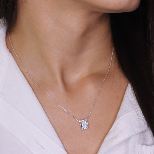 Colar de Prata Coleção Fancy retangular Cristal 8x10 45cm