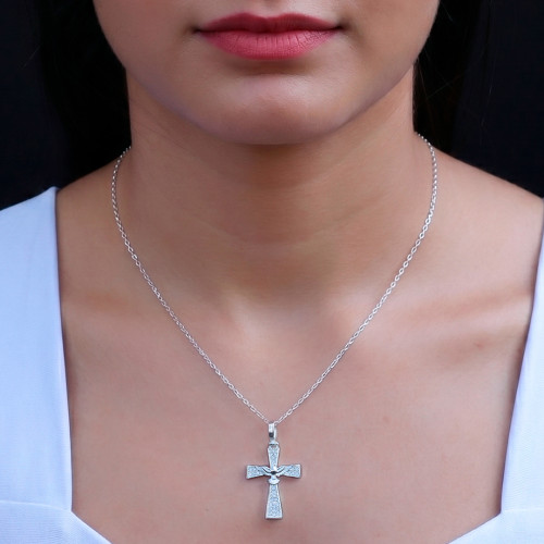 Pingente de Prata Cruz Espírito Santo com Zircônias 30x20