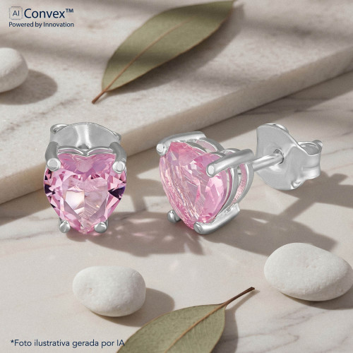 Brinco de Prata Ponto de Luz Coleção Fancy Coração Zircônia Rosa 6mm