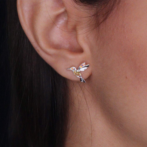 Brinco de Prata Beija Flor Coleção Florescer Zircônia Yellow 14x10mm