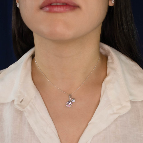 Pingente de Prata Menina com Coração Zircônia Pink 12x8