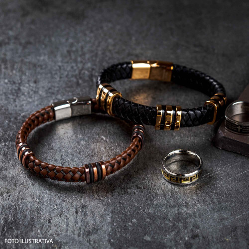 Pulseira Aço Rose Attack Couro Trançado IPR 12mm