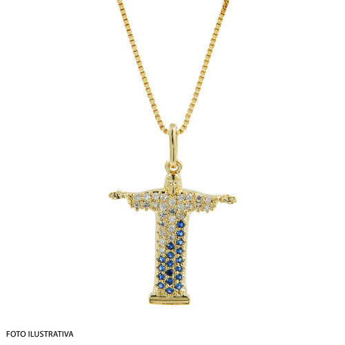 Pingente de Prata Cristo Redentor com Zircônia Branca e Azul  Revestido com ouro 18k 20x18mm
