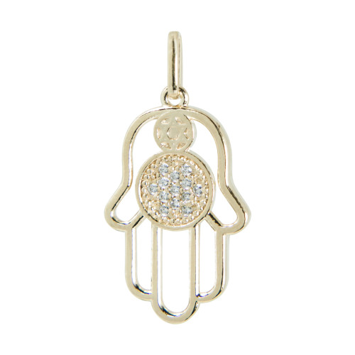 Pingente de Prata Mão Judaica Revestida com Ouro 18k com Zircônia 13x21mm