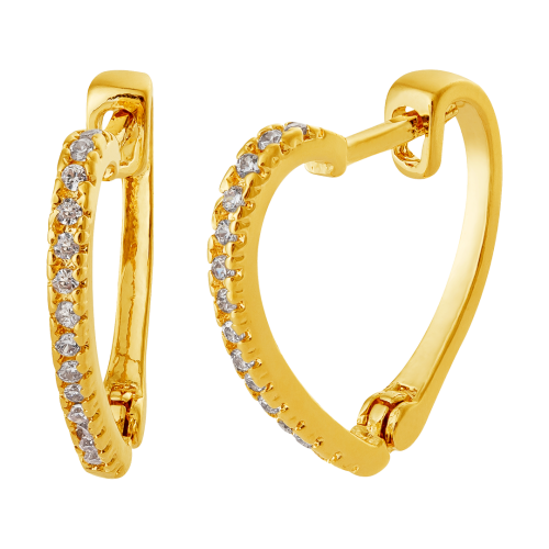 Brinco de Prata Argola Coração Revestida em Ouro 18K com Zircônia Branca 13x15mm