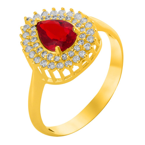 Anel de Prata Queens Cristal Rubi Gota Revestido com Ouro 18k