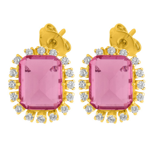 Brinco de Prata Queens Cristal Safira Rosa Revestido com Ouro 18K 8x10