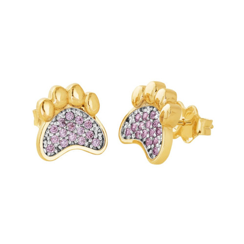 Brinco de Prata Patinha Pet Revestido com ouro 18k com Zircônia Rosa 11x10mm