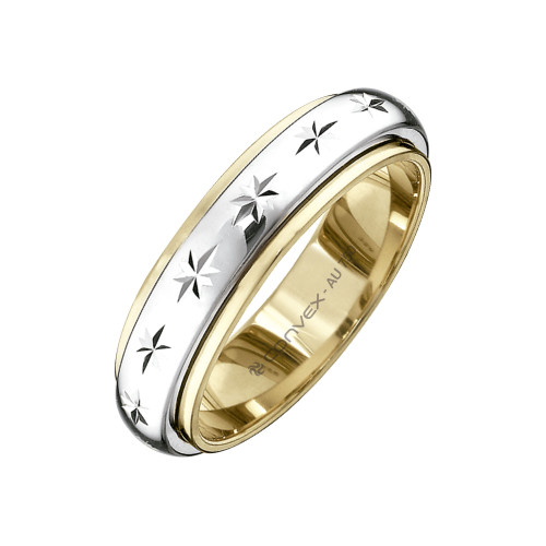 Aliança Ouro 18K Abaulada Bicolor Giratória com Diamantado Estrela L5mm E1.2mm