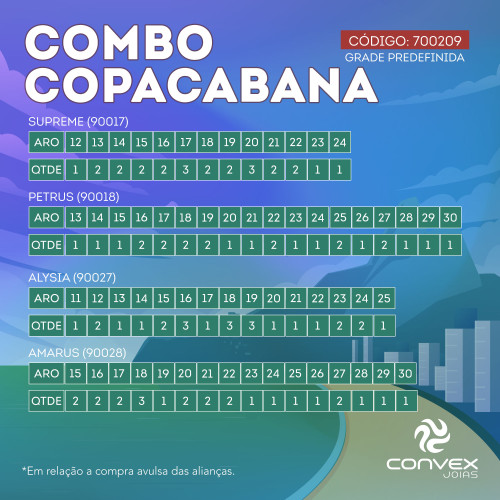 Kit Convex Copacabana com 100 Alianças de Aço: 25 Alysia, 25 Amarus, 25 Supreme e 25 Petrus. Brinde: Organizador Valor especial (22% de desconto sobre o valor individual das alianças).