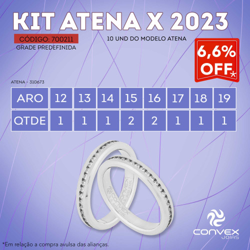 Kit com 10 Alianças de aço Atena (310673). 
Desconto de 6,6% sobre o valor individual das alianças.