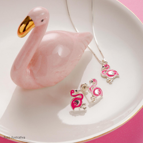 Colar de Prata Infantil Flamingo com Resina Rosa 13.50x10mm 37cm