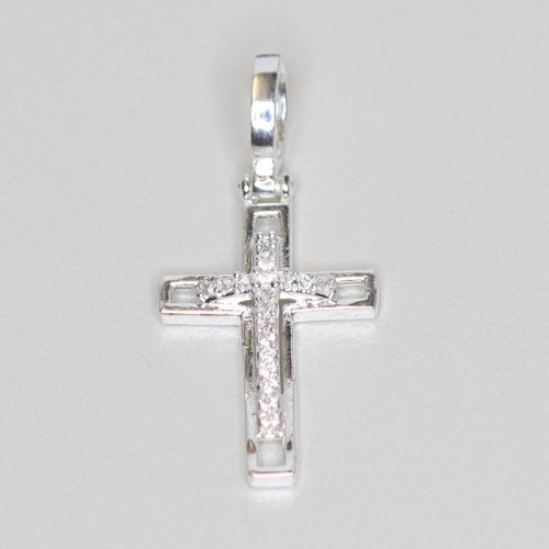 Pingente de Prata Cruz Trabalhada com  Cruz Zircônias 13x20
