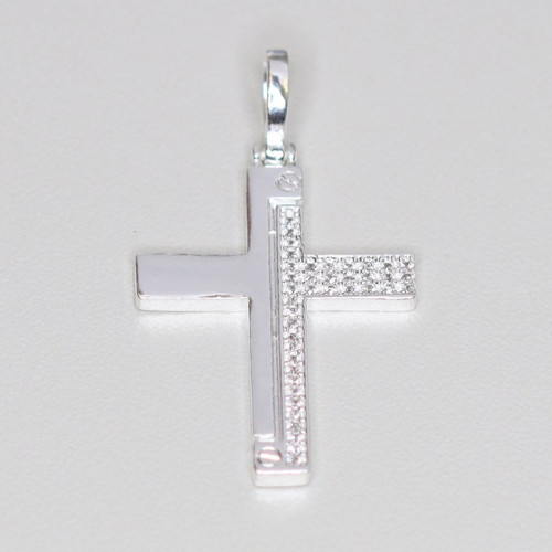 Pingente de Prata Cruz Half Zircônias Brancas 30x20