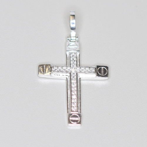 Pingente de Prata Cruz com Zircônias Brancas 30x20