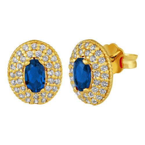Brinco Oval Prata Revestida em ouro 18K com Zircônia Azul.
