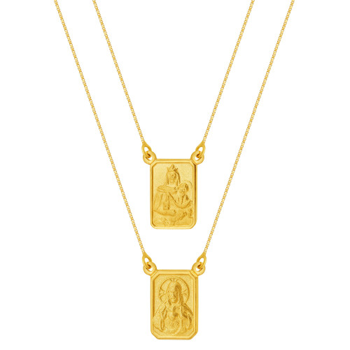 Escapulário de Ouro 18K Nossa Senhora do Carmo e Sagrado Coração de Jesus Malha Veneziana 12.6x9.2 60cm Coleção Fé
