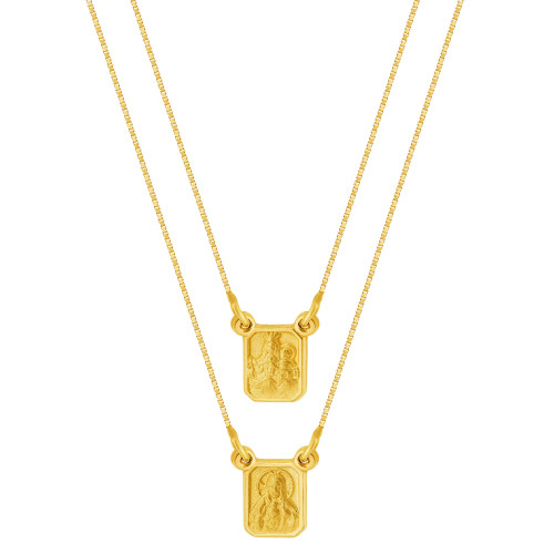 Escapulário de Ouro 18k Nossa Senhora do Carmo e Sagrado Coração de Jesus Malha Veneziana 8.4x6.5 60cm Coleção Fé