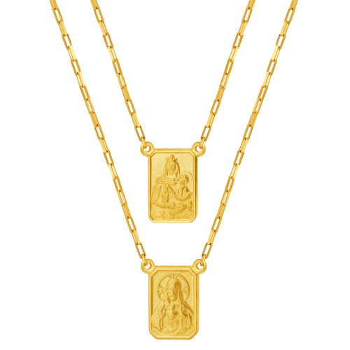 Escapulário de Ouro 18k Nossa Senhora do Carmo e Sagrado Coração de Jesus Malha Elo Retangular 12.6x9.2 60cm Coleção Fé
