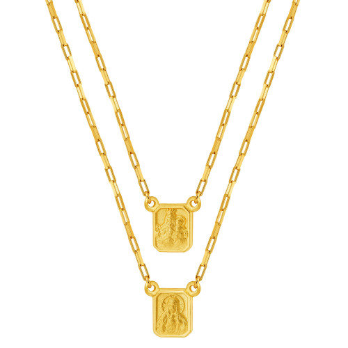 Escapulário de Ouro 18k Nossa Senhora do Carmo e Sagrado Coração de Jesus Malha Elo Retangular 8.4x6.5 60cm Coleção Fé