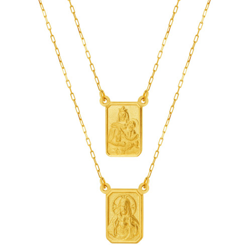 Escapulário de Ouro 18k Nossa Senhora do Carmo e Sagrado Coraçao de Jesus Malha Elo Sextavado 12.6x9.2 60cm Coleção Fé
