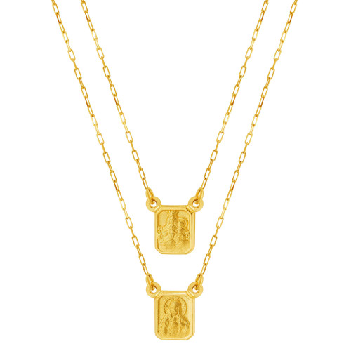 Escapulário de Ouro 18k Nossa Senhora do Carmo e Sagrado Coração de Jesus Malha Elo Sextavado 8.4x6.5 60cm Coleção Fé