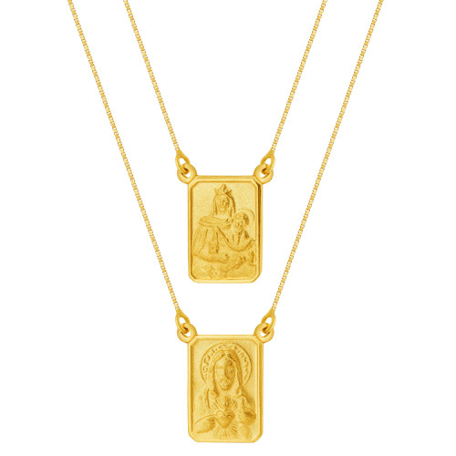Escapulário de Ouro 18k Nossa Senhora do Carmo e Sagrado Coração de Jesus Malha Veneziana 16x11 60cm Coleção Fé