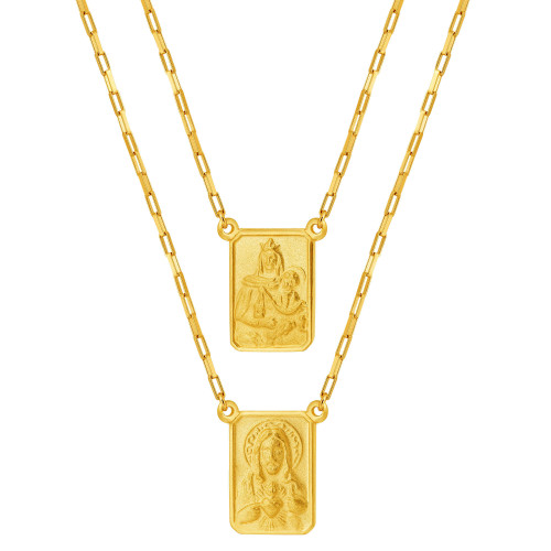 Escapulário de Ouro 18k Nossa Senhora do Carmo e Sagrado Coração de Jesus Malha Elo Retangular 16x11 60cm Coleção Fé