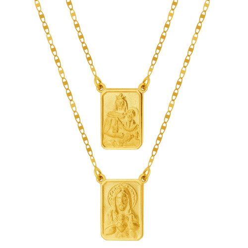 Escapulário de Ouro 18k Nossa Senhora do Carmo e Sagrado Coração de Jesus Malha Piastrini 16x11 60cm
Coleção Fé