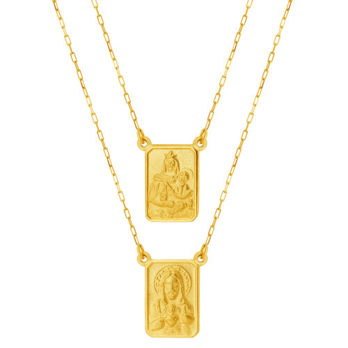 Escapulário de Ouro 18k Nossa Senhora do Carmo e Sagrado Coração de Jesus Malha Elo Sextavado 16x11 60cm Coleção Fé