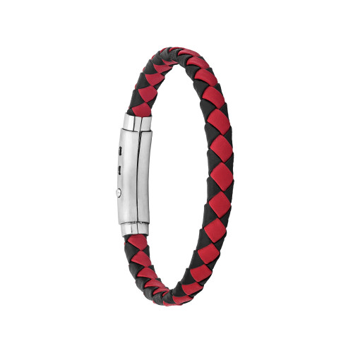 Pulseira Aço Couro Trançado Black e Red 7,50mm